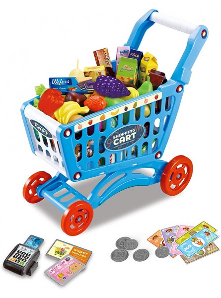 RedCrab Kinder Einkaufswagen Spielset 54 Stück Kaufladen Zubehör Set Übergröße Rollenspiel Trolley Cart Lernspielzeug Geschenk ab 3+ Jahren Junge MädchenBlau - B09ZDX76H2