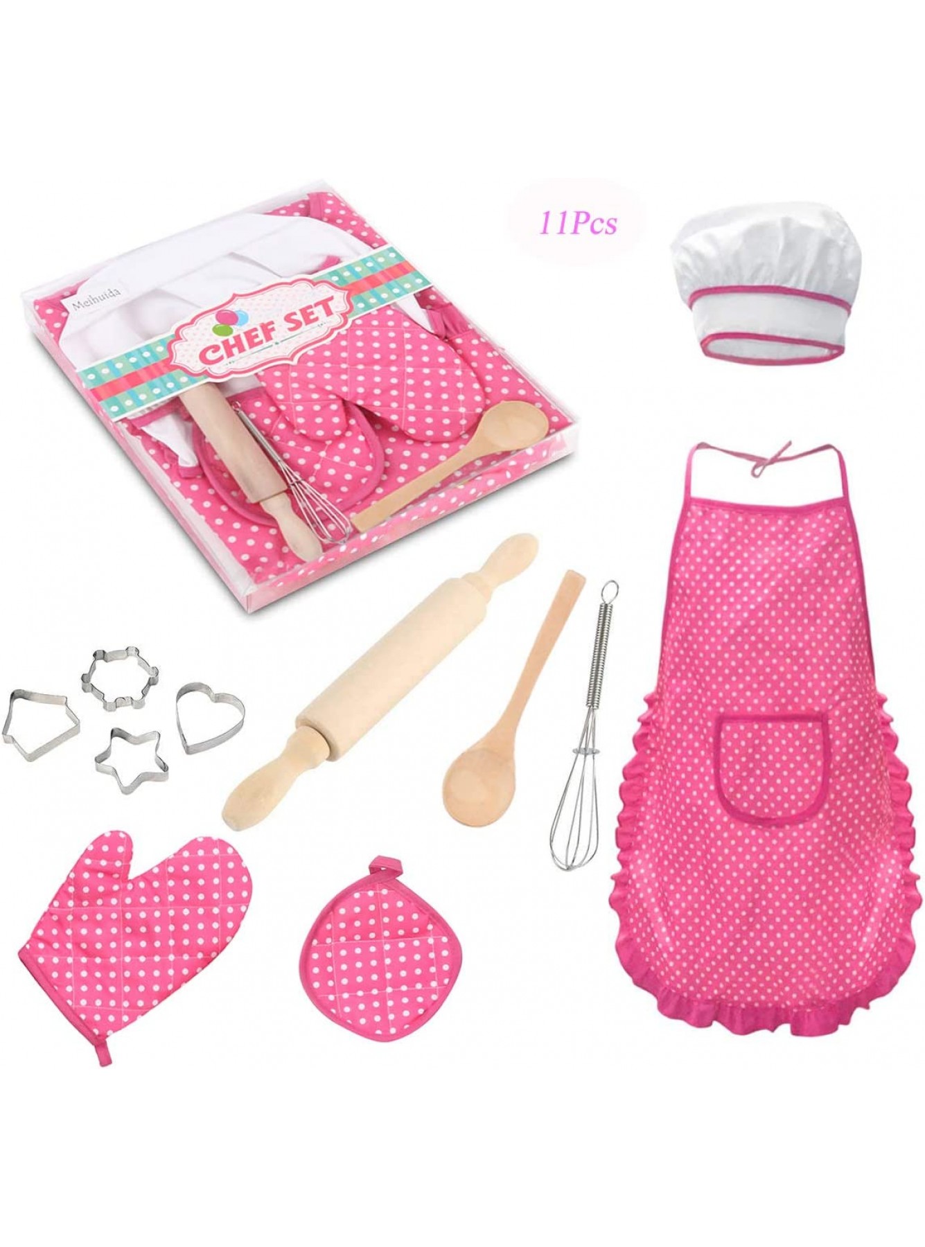 Meihuida Kinder-Koch-Set für Mädchen 11-teiliges Koch- und Back-Set für Kinder Kleinkinder Kostüm-Set mit Schürze Kochmütze Kochhandschuh und Ausstechformen rose - B07KJXLRSG