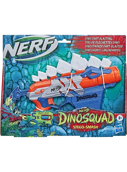 NERF DinoSquad Stego-Smash Dart-Blaster 4-Dart Aufbewahrung Spannhebel 5 NERF Darts & Hasbro Elite 2.0 Volt SD-1 Blaster – 6 Hasbro Darts Ziel-Lichtstrahl 2-Dart Aufbewahrung - B0B462MQY2