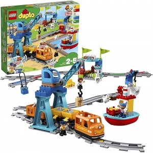 LEGO 10875 DUPLO Güterzug „Push & Go“-Lok mit Lichtern und Geräuschen Funktionssteinen und 2 Kranen Spielzeug für Kinder ab 2 Jahren Geschenk für Kleinkinder - B0984JBR2D