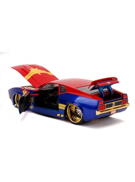 Jada Toys 253225009 1973 Ford Mustang Mach Spielzeugauto Türen Kofferraum Motorhaube zum Öffnen inkl. Die-cast Captain Marvel Figur Maßstab 1:24 blau rot gelb - B088P99L9X