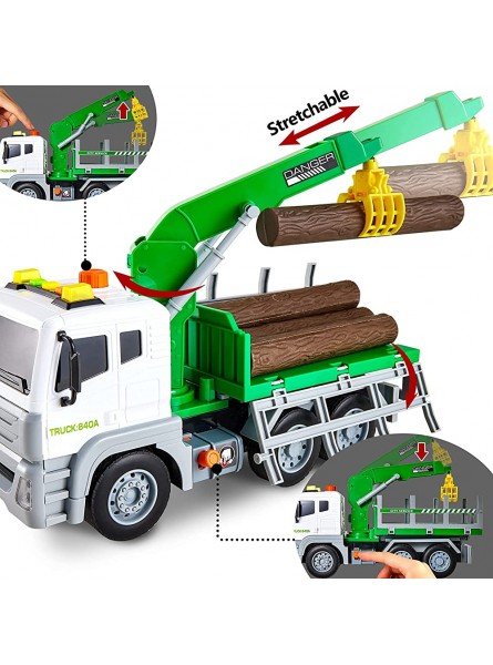 HERSITY Holztransporter mit Kran 6 Baumstämmen Transporter LKW Auto Spielzeug mit Sound und Licht Geschenk für 3 4 5 Jahre Kinder Jungen Mädchen - B099WZS8M3