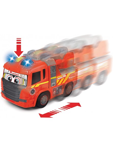 Dickie Toys 203814016 Happy Fire Engine Scania Feuerwehrauto mit Licht & Sound motorisiert fährt vorwärts und rückwärts drehende Leiter inkl. Batterien für Kinder ab 2 Jahren 25 cm Rot - B07NS6RWBB