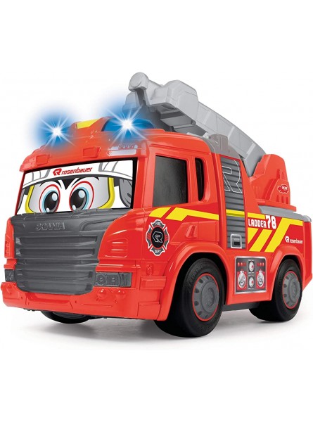 Dickie Toys 203814016 Happy Fire Engine Scania Feuerwehrauto mit Licht & Sound motorisiert fährt vorwärts und rückwärts drehende Leiter inkl. Batterien für Kinder ab 2 Jahren 25 cm Rot - B07NS6RWBB