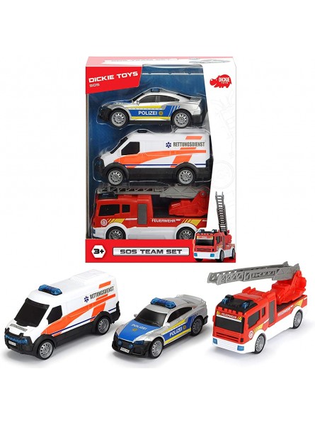 Dickie Toys SOS Team 3er Spielset bestehend aus Rettungswagen Polizei & Feuerwehrauto mit Wasserspritze deutsche Version 14 cm ab 3 Jahren - B07NR5C537