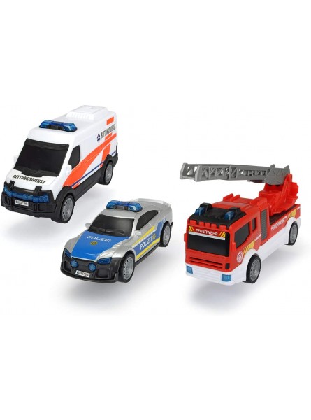 Dickie Toys SOS Team 3er Spielset bestehend aus Rettungswagen Polizei & Feuerwehrauto mit Wasserspritze deutsche Version 14 cm ab 3 Jahren - B07NR5C537