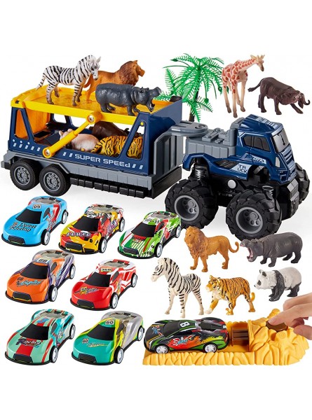 HYAKIDS Spielzeugautos Autotransporter Spielzeug LKW mit Autos Spielzeug Wildtiere Figuren Rennauto Set Fahrzeuge Spielzeug Geschenk für Kinder Jungen ab 3 4 5 6 Jahre - B099J3PHC4