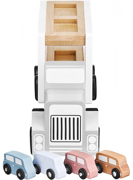 Mamabrum Autotransporter aus Holz mit Fahrzeugen mit 1 Lastwagen und 4 Holzautospielzeugen Geburtstagsgeschenk für Kinder von 3 bis 4 bis 5 Jahren Lastwagen mit Anhänger: 13,5 8,5 33 cm - B08HR9WP5Z