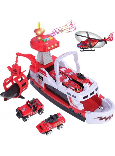 Transport Flugzeug Spielzeug und Trägheitsrad Spielzeugboot LKW Spielset 1 Hubschrauber 1 weißer Hai 6 legiertes Auto für Kleinkinder über 3 Jahre Feuerwehrauto Rot - B0B3MT9GVP