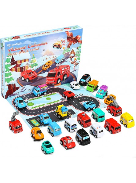 LEMESO 24x Adventskalender Autos Spielzeug Weihnachten Aufziehauto Mini Spielzeugauto Fahrzeuge Christmas Countdown Geschenk für Weihnachten Kinder Jungen und Mädchen - B0B58S63KF