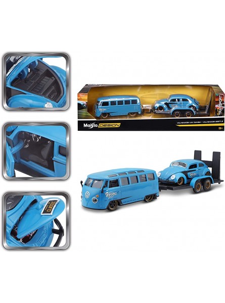 Maisto 32752-00000063 Design Elite Transporter Volkswagen Van Samba + Volkswagen Beetle: Modelltransporter mit Anhänger 2 Modellautos Türen zum Öffnen Maßstab 1:24 43 cm blau 532752 532751 - B08K3DHZRJ